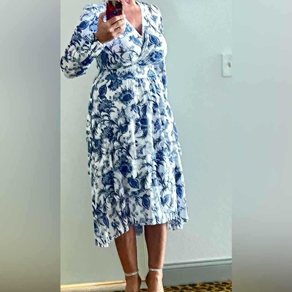 Tommy Hilfiger Floral Print Long Sleeve Surplice  V Neck Dress